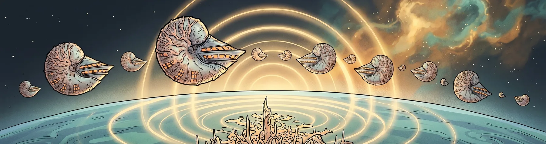 A comic panel: a fleet of shell-shaped ships among the stars.